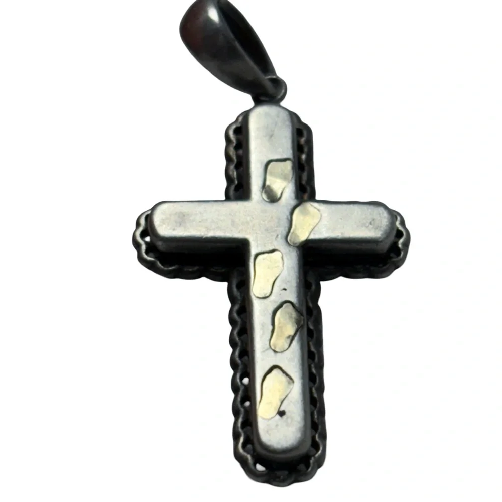 14k Gold & Sterling Silver JCM 3 Dimensional Footsteps Cross Religious Pendant